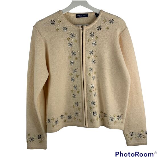 Karen Scott Petite Sz PM Cardigan Sweater Wool Embroidered Sequin Beads Full Zip - Picture 1 of 6